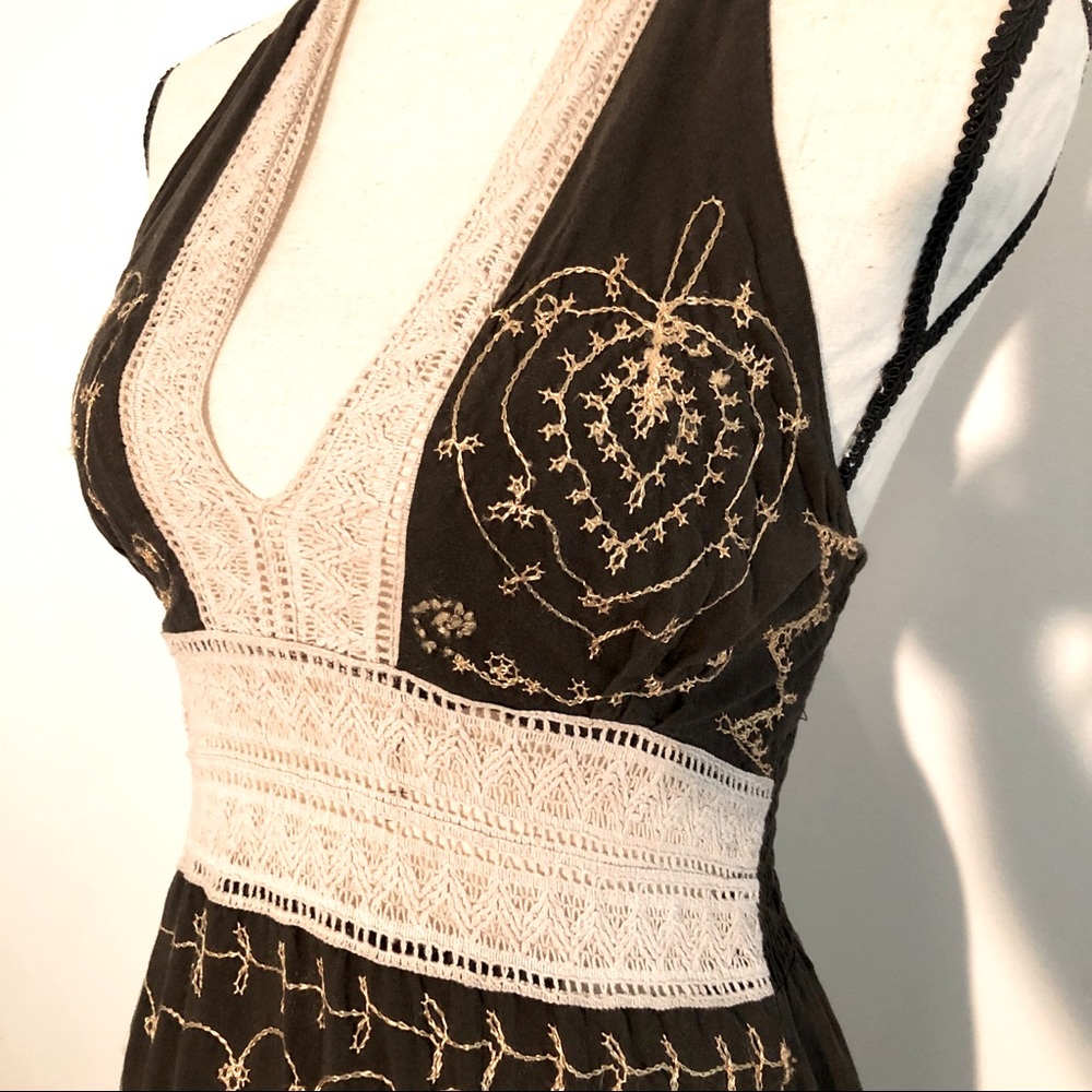 Boho halter maxi brown with crochet and embroidery size medium dress